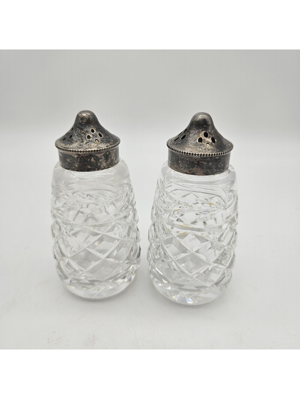 Vintage Waterford Crystal Salt and Pepper Shakers EPNS Lids 3.75" tarnished